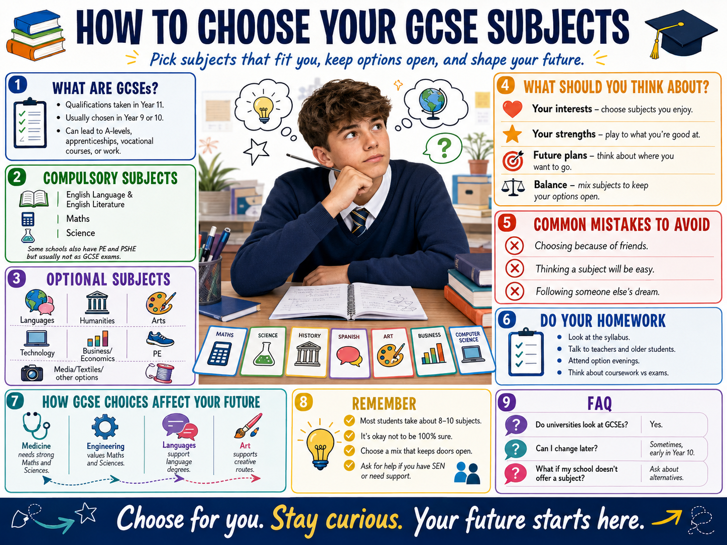 Infographic: How to choose your GCSE subjects — compulsory and optional subjects, what to think about, common mistakes to avoid and how choices affect your future