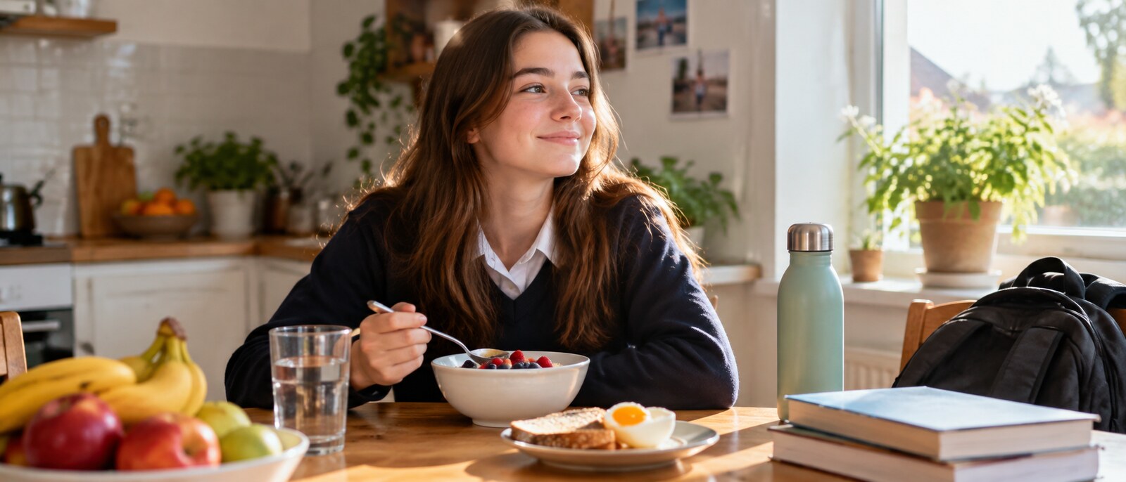A happy UK teenager in school uniform eating a healthy breakfast of porridge with berries, eggs and wholegrain toast with a glass of water at a sunlit kitchen table — How a Healthy Lifestyle Supports Learning