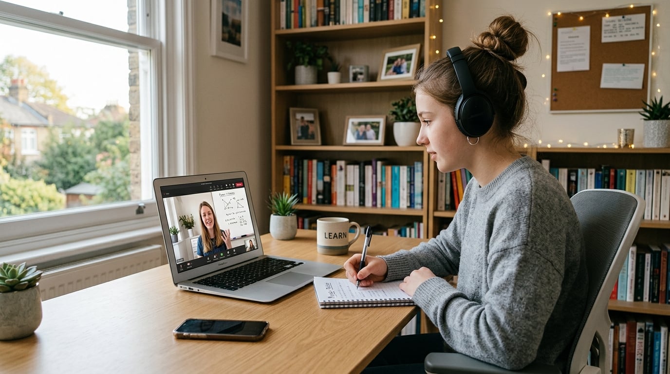 Student engaged in an online tutoring session on a laptop with headphones — Online Tutoring Benefits