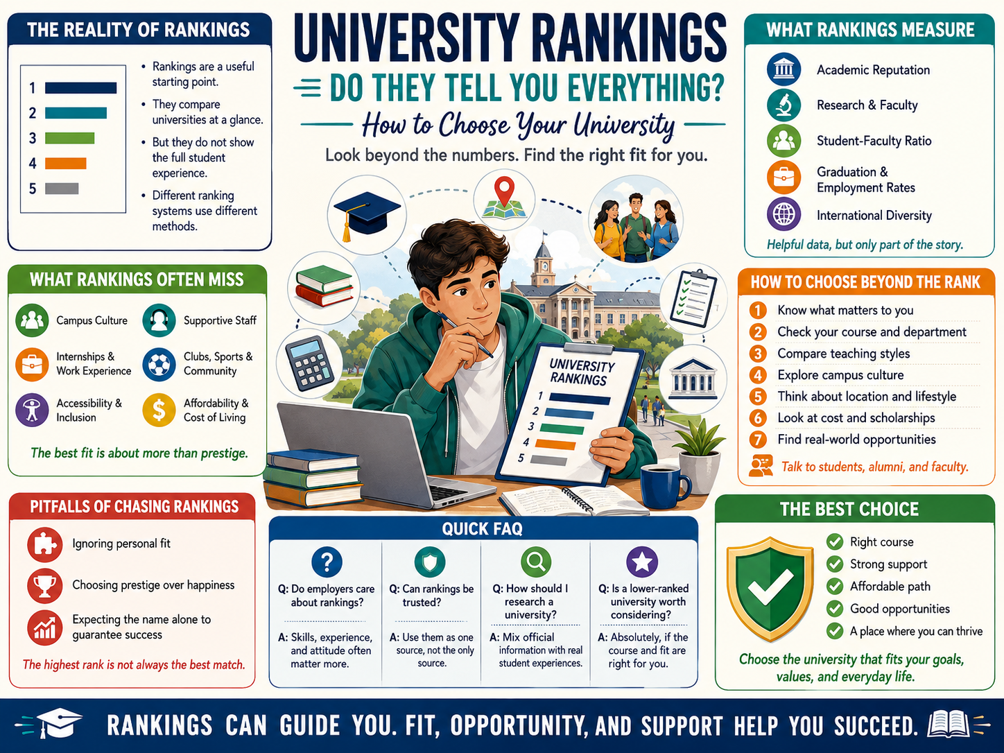 Infographic: University Rankings — do they tell you everything? What rankings measure, what they miss, how to choose beyond the rank, and a quick FAQ