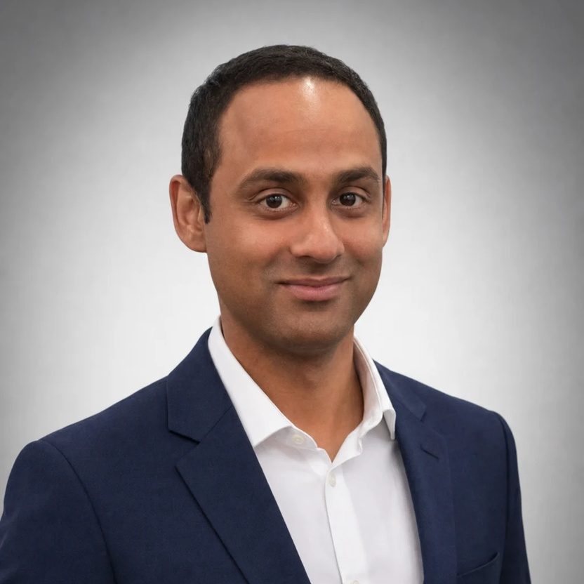 Nimesh Zaveri — Co-Founder and Economics Tutor at VNN Learning, professional headshot in a navy suit