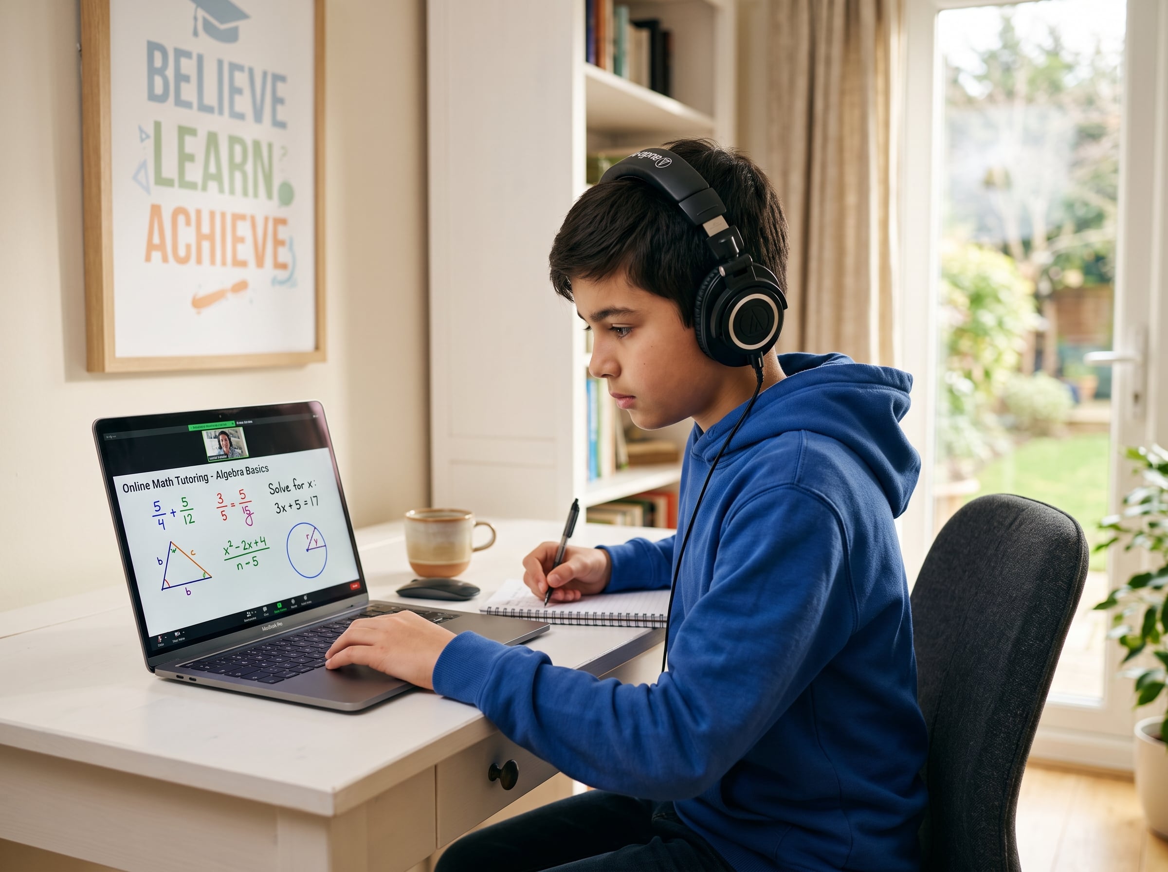 A student wearing headphones taking notes during an online tutoring session with VNN Learning